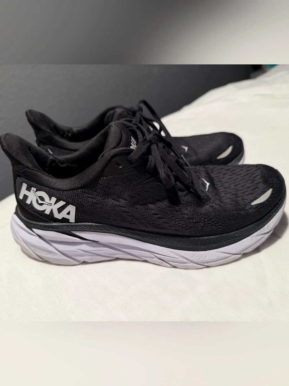 Hoka one clifton 8 women Black and White Athletic Running Shoes size 6.5B